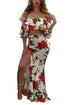 Sexy Floral Print Bardot Ruffle Crop Top and Split Maxi Skirt